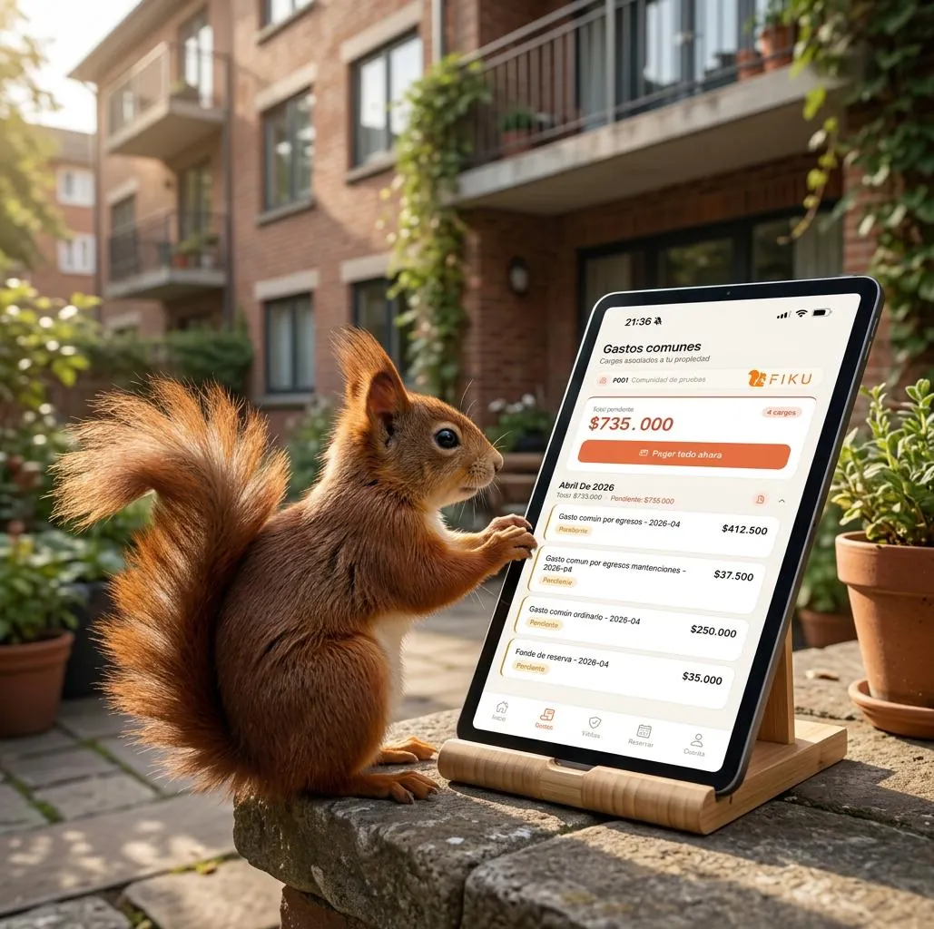 La mascota de FIKU junto a una tablet que muestra los gastos comunes de una comunidad
