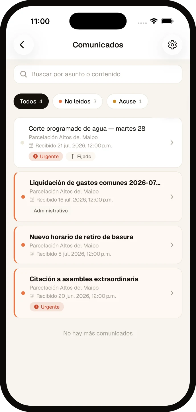 Pantalla de comunicados de la administración en la app de FIKU