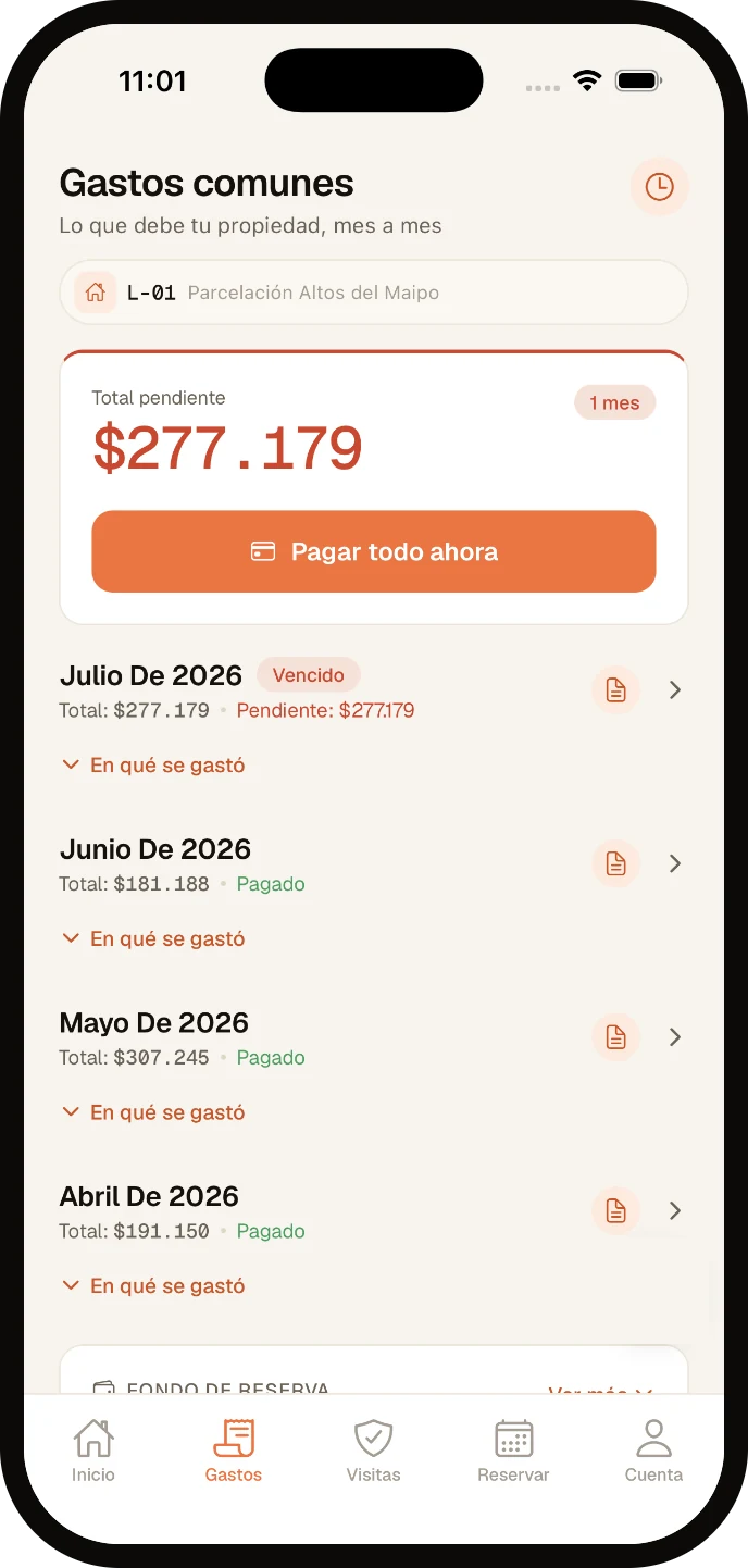 Pantalla de gastos comunes en la app de FIKU, con el total pendiente y el detalle mes a mes